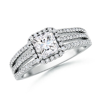 4.8mm GVS2 Triple Shank Princess-Cut Diamond Halo Engagement Ring in White Gold