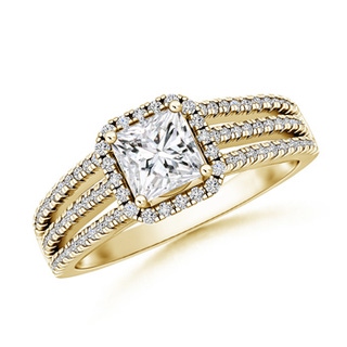 4.8mm HSI2 Triple Shank Princess-Cut Diamond Halo Engagement Ring in Yellow Gold