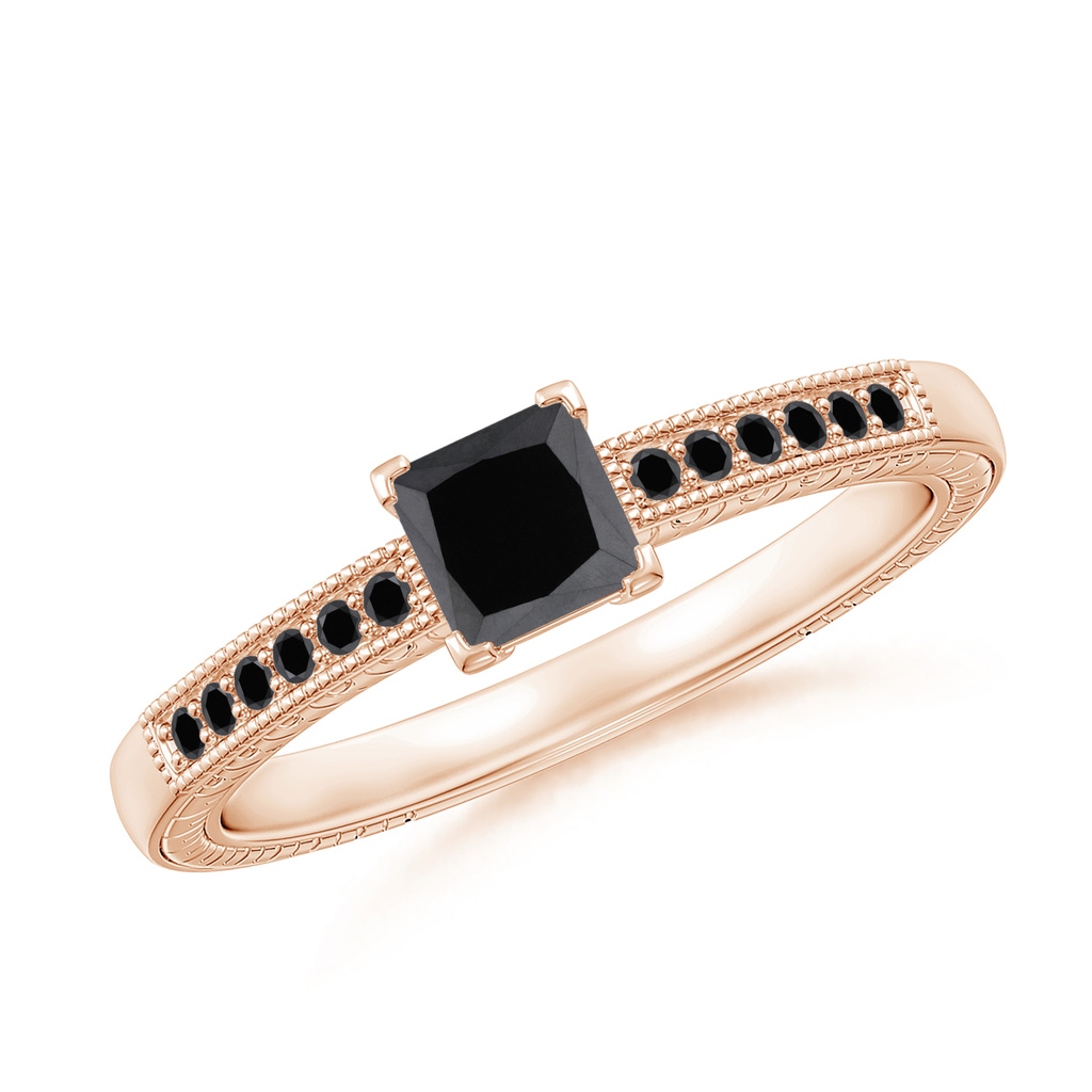 4.2mm AA Princess Cut Black Diamond Solitaire Ring with Milgrain Detailing in Rose Gold
