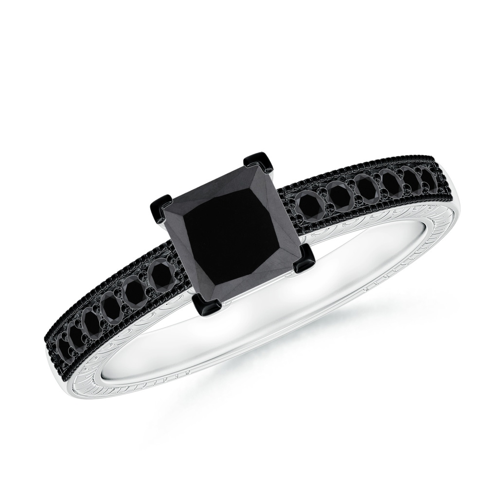 5.2mm AA Princess Cut Black Diamond Solitaire Ring with Milgrain Detailing in White Gold
