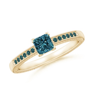 4.2mm AA Princess Cut Blue Diamond Solitaire Ring with Milgrain Detailing in 9K Yellow Gold