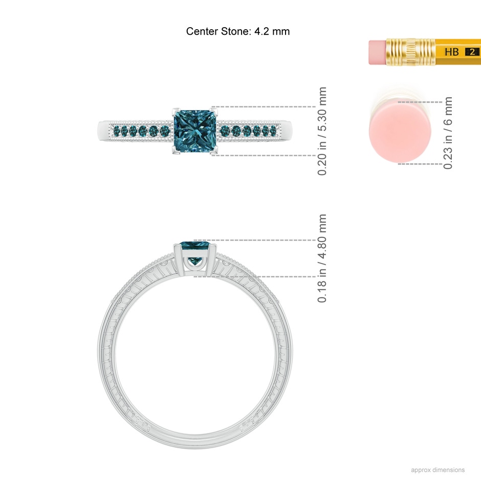 4.2mm AA Princess Cut Blue Diamond Solitaire Ring with Milgrain Detailing in P950 Platinum ruler