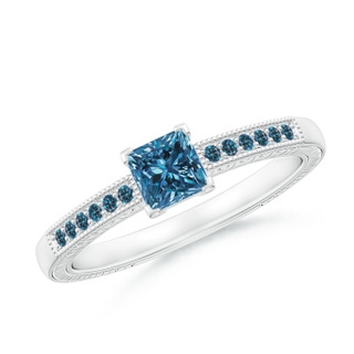 4.2mm AAA Princess Cut Blue Diamond Solitaire Ring with Milgrain Detailing in 9K White Gold