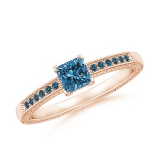 4.2mm AAA Princess Cut Blue Diamond Solitaire Ring with Milgrain Detailing in Rose Gold