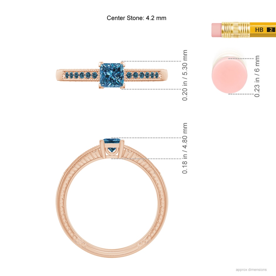 4.2mm AAA Princess Cut Blue Diamond Solitaire Ring with Milgrain Detailing in Rose Gold ruler
