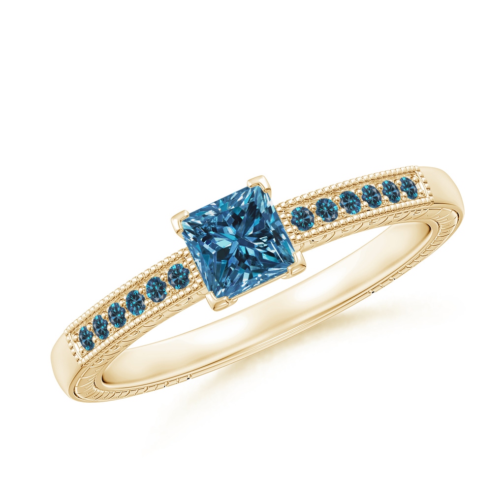 4.2mm AAA Princess Cut Blue Diamond Solitaire Ring with Milgrain Detailing in Yellow Gold