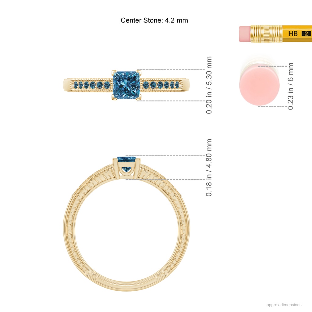 4.2mm AAA Princess Cut Blue Diamond Solitaire Ring with Milgrain Detailing in Yellow Gold Ruler