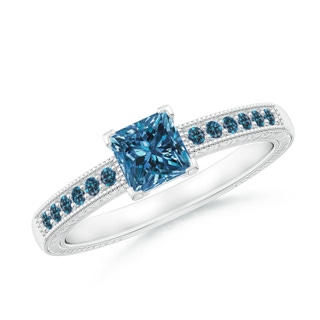 4.7mm AAA Princess Cut Blue Diamond Solitaire Ring with Milgrain Detailing in P950 Platinum