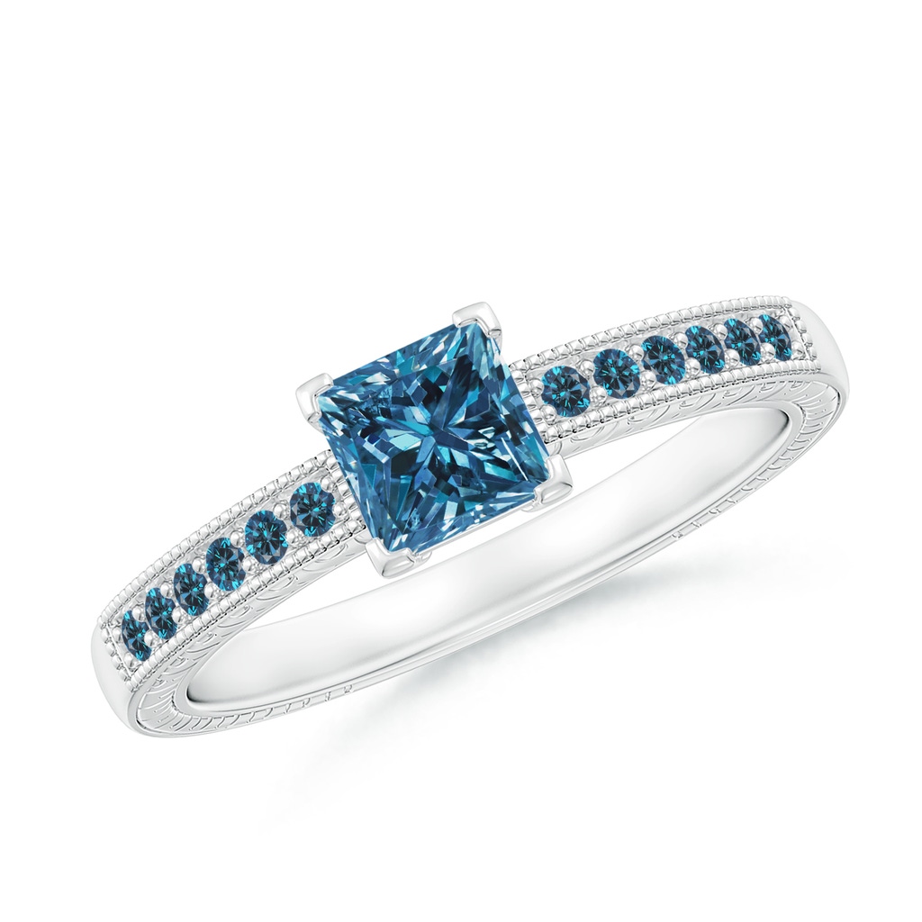 4.7mm AAA Princess Cut Blue Diamond Solitaire Ring with Milgrain Detailing in White Gold