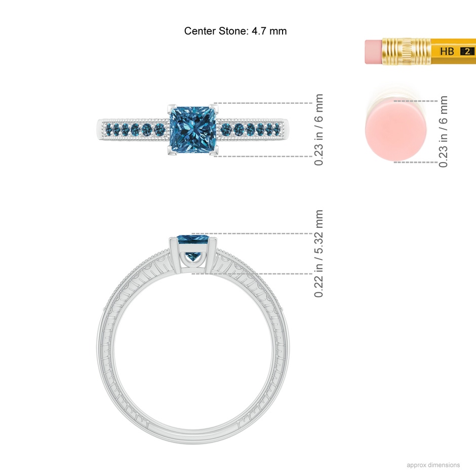 4.7mm AAA Princess Cut Blue Diamond Solitaire Ring with Milgrain Detailing in White Gold ruler