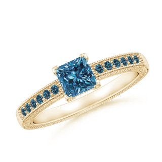 4.7mm AAA Princess Cut Blue Diamond Solitaire Ring with Milgrain Detailing in Yellow Gold