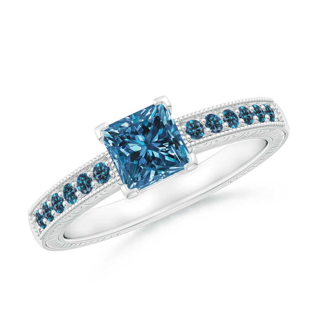 5.2mm AAA Princess Cut Blue Diamond Solitaire Ring with Milgrain Detailing in White Gold