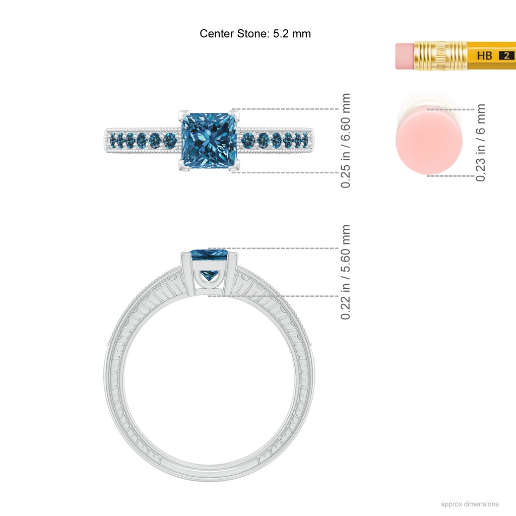 5.2mm AAA Princess Cut Blue Diamond Solitaire Ring with Milgrain Detailing in White Gold Ruler
