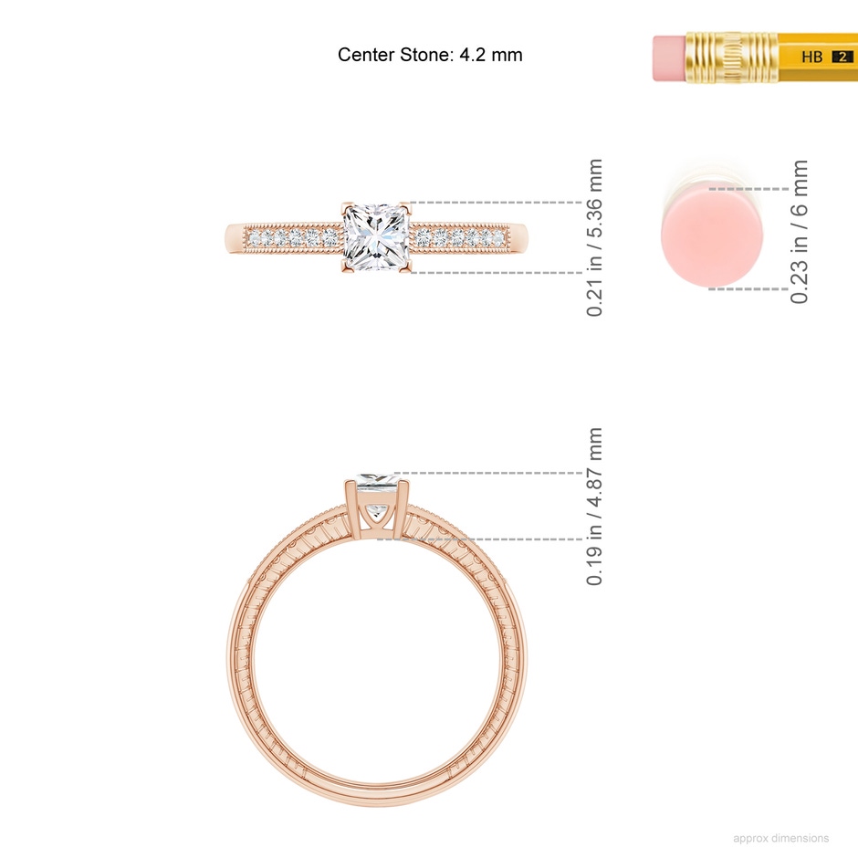 4.2mm GVS2 Princess Cut Diamond Solitaire Ring with Milgrain Detailing in Rose Gold ruler