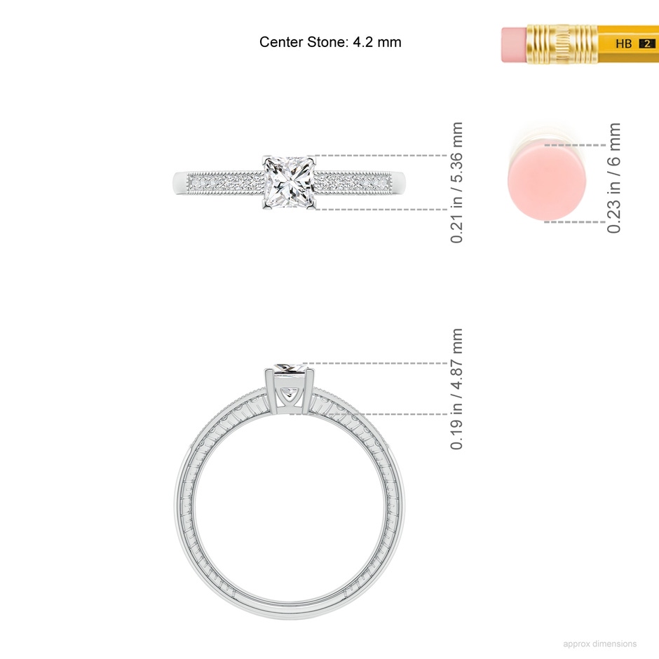 4.2mm HSI2 Princess Cut Diamond Solitaire Ring with Milgrain Detailing in White Gold ruler