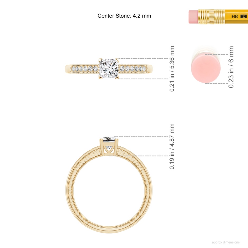 4.2mm HSI2 Princess Cut Diamond Solitaire Ring with Milgrain Detailing in Yellow Gold ruler