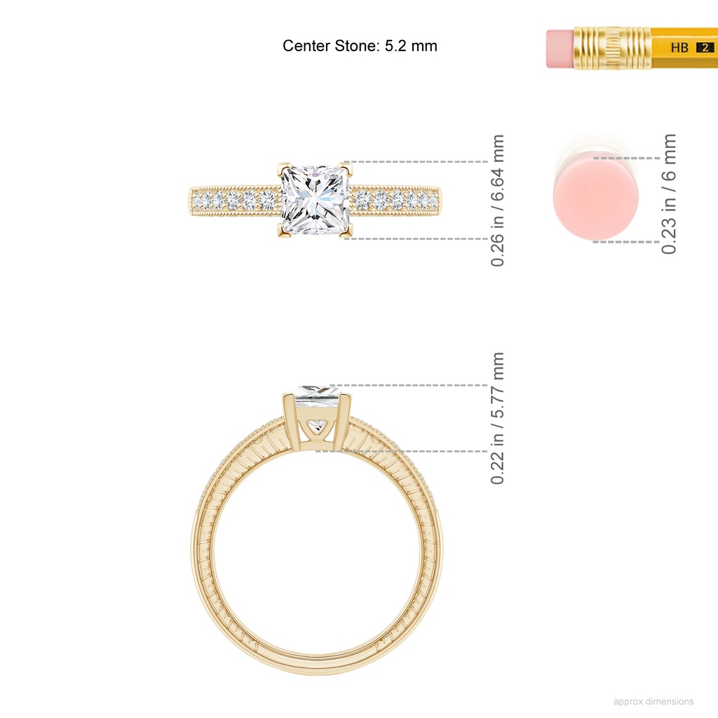 5.2mm GVS2 Princess Cut Diamond Solitaire Ring with Milgrain Detailing in Yellow Gold ruler
