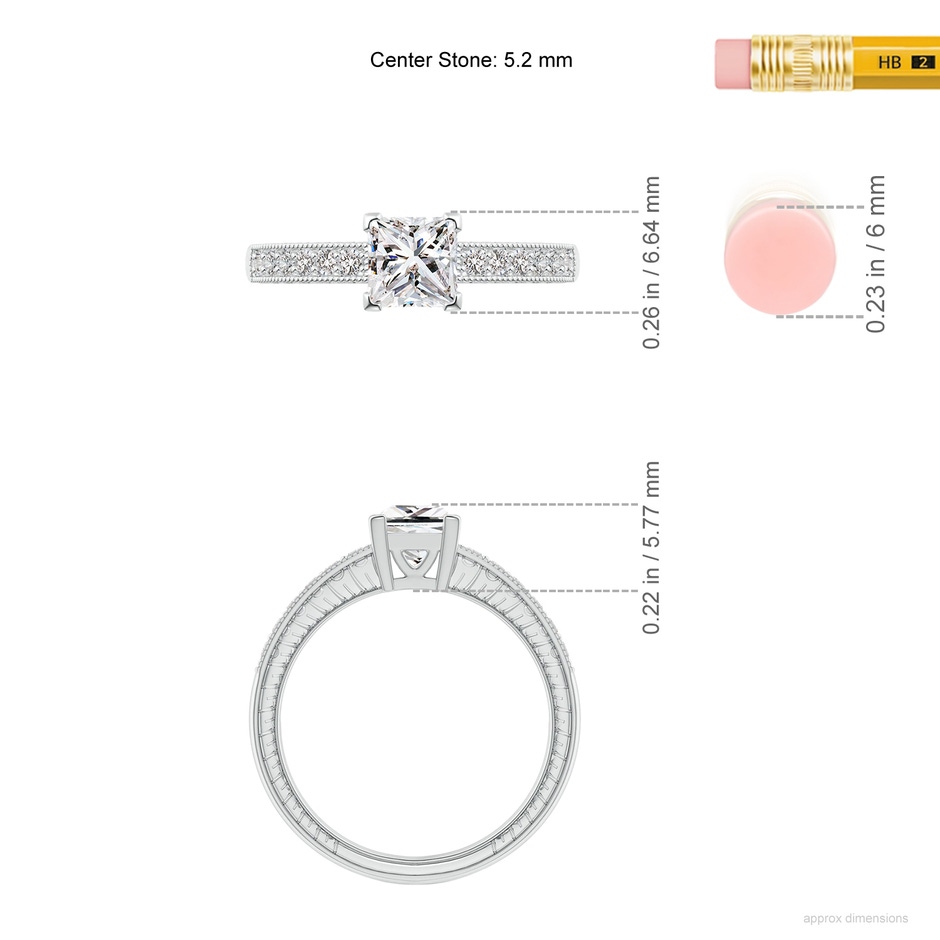 5.2mm IJI1I2 Princess Cut Diamond Solitaire Ring with Milgrain Detailing in White Gold ruler
