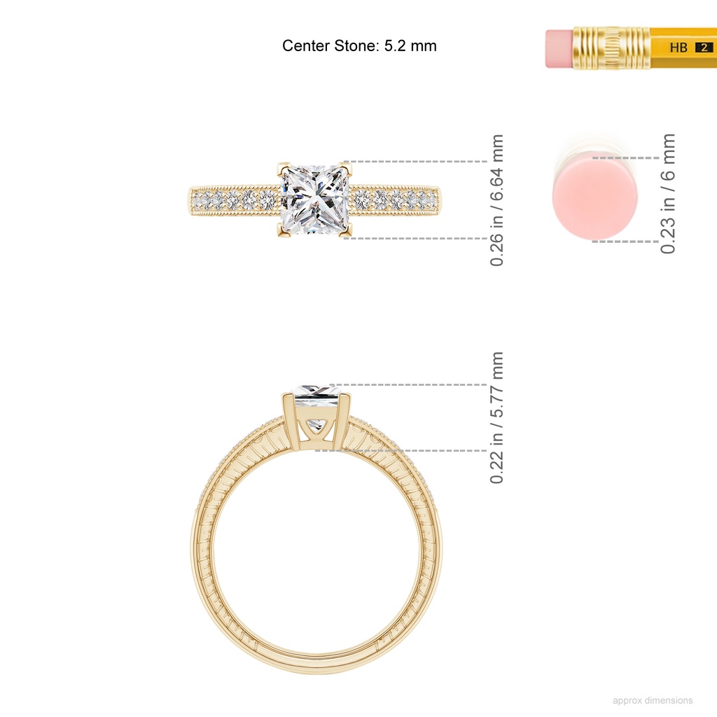5.2mm IJI1I2 Princess Cut Diamond Solitaire Ring with Milgrain Detailing in Yellow Gold ruler