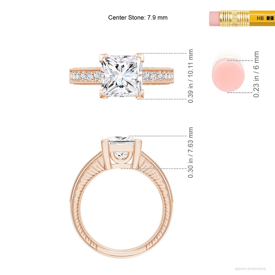 7.9mm GVS2 Princess Cut Diamond Solitaire Ring with Milgrain Detailing in Rose Gold ruler