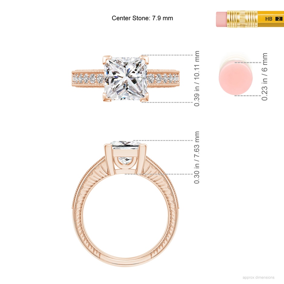 7.9mm IJI1I2 Princess Cut Diamond Solitaire Ring with Milgrain Detailing in Rose Gold ruler