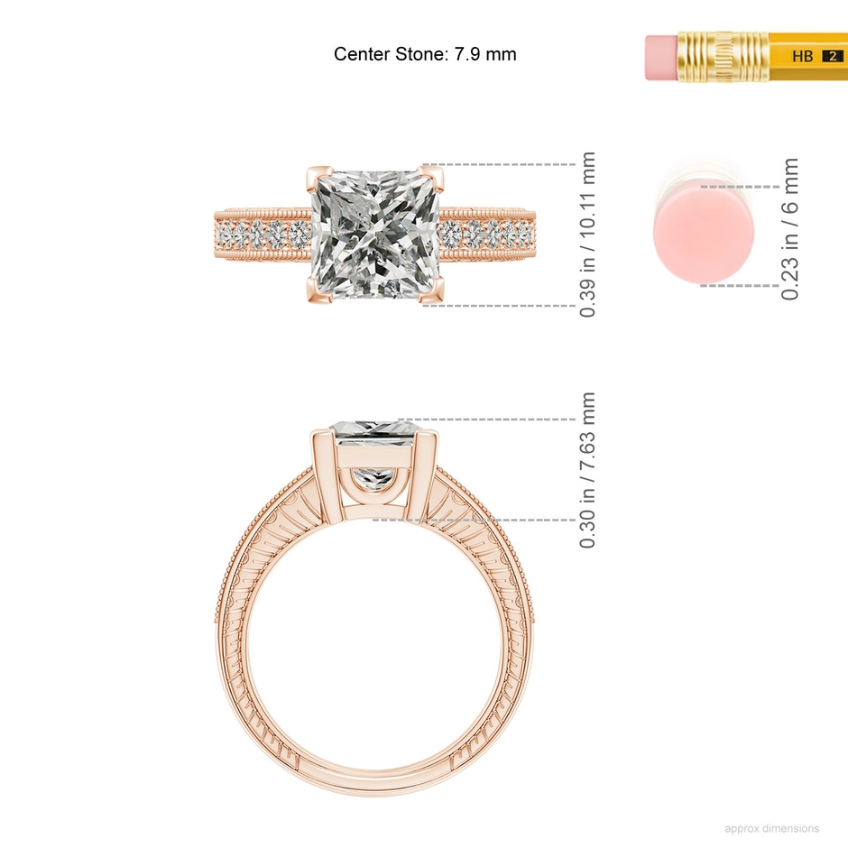 7.9mm KI3 Princess Cut Diamond Solitaire Ring with Milgrain Detailing in Rose Gold ruler