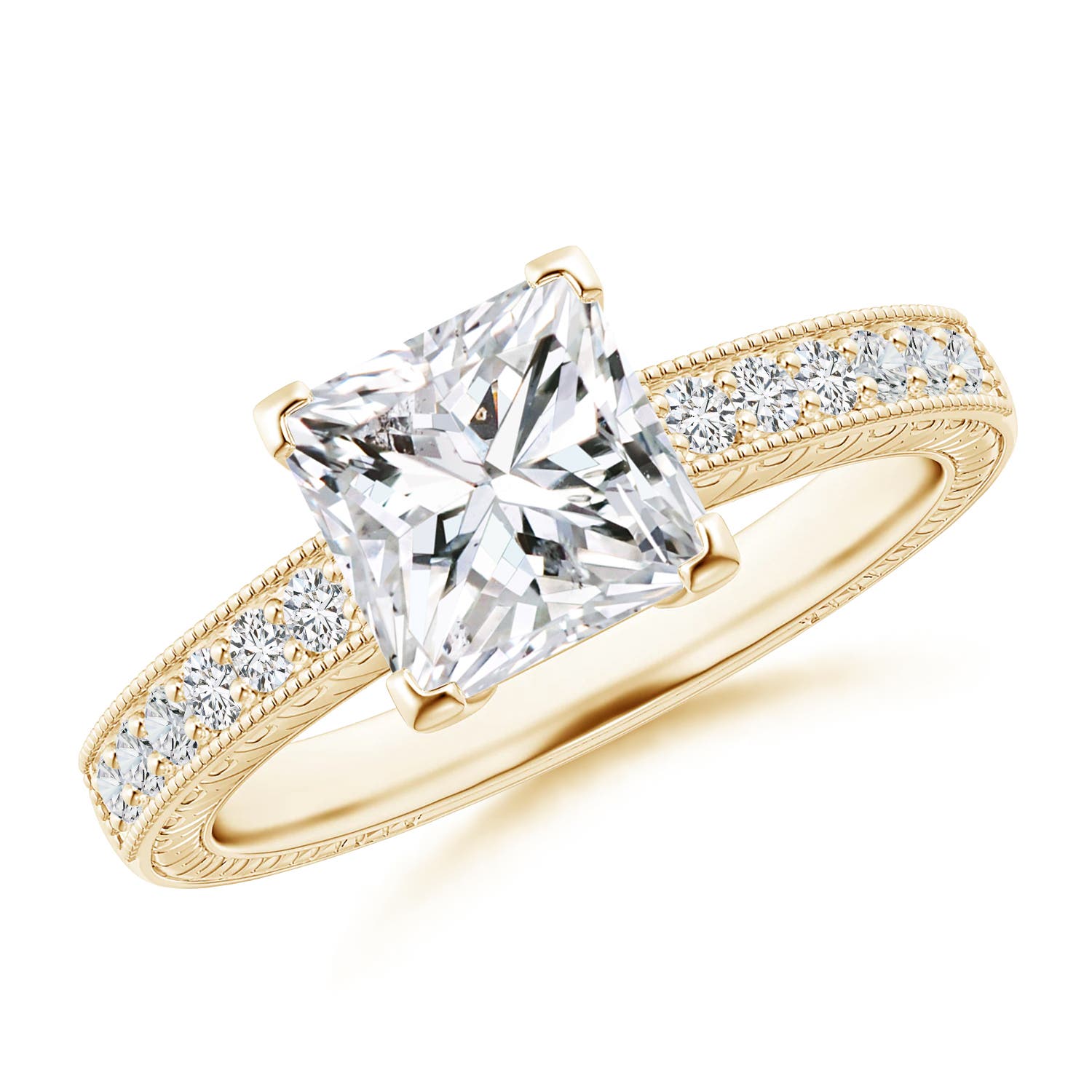 7mm HSI2 Princess Cut Diamond Solitaire Ring with Milgrain Detailing in Yellow Gold