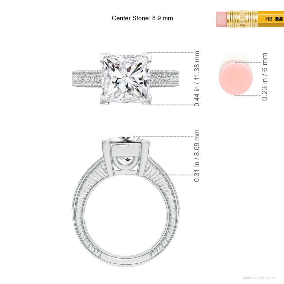 8.9mm HSI2 Princess Cut Diamond Solitaire Ring with Milgrain Detailing in P950 Platinum ruler