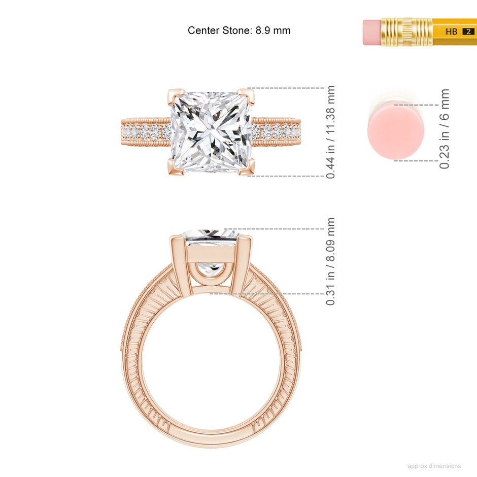 8.9mm HSI2 Princess Cut Diamond Solitaire Ring with Milgrain Detailing in Rose Gold ruler