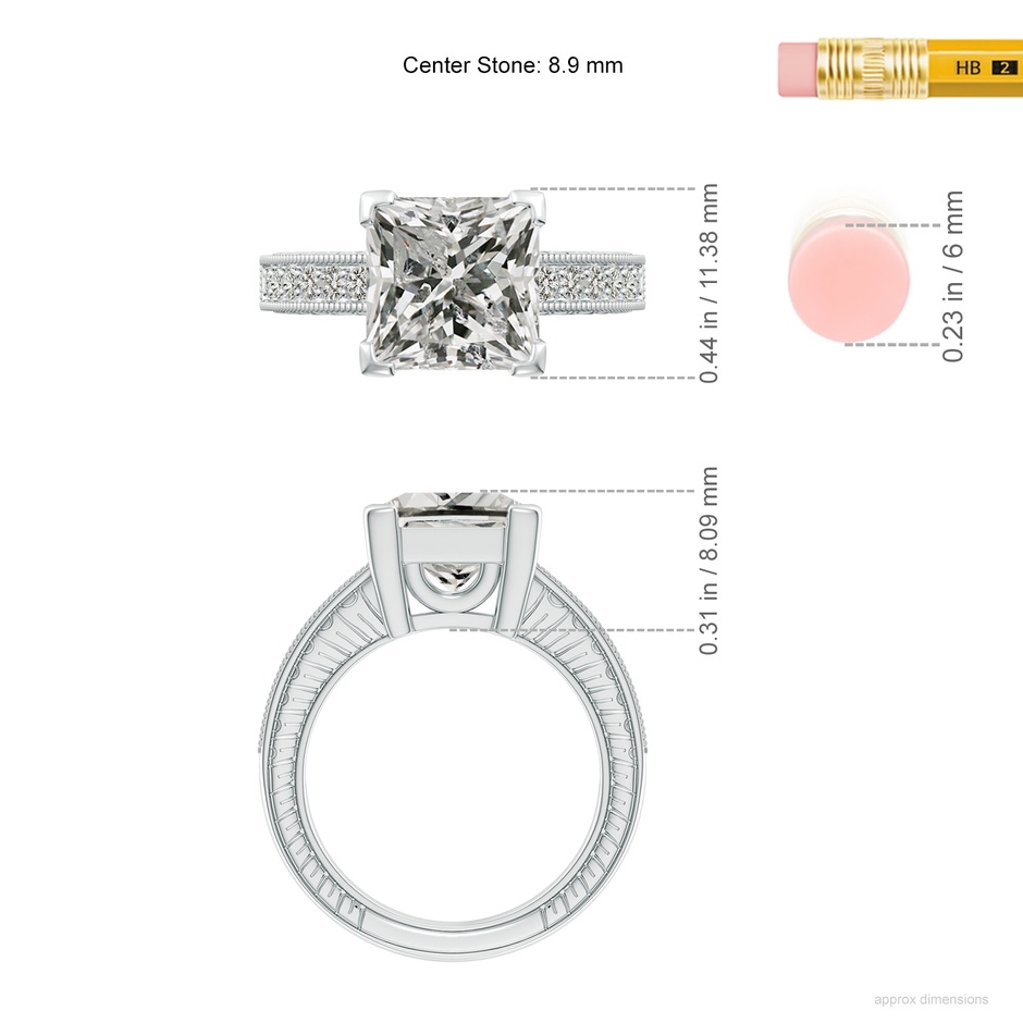8.9mm KI3 Princess Cut Diamond Solitaire Ring with Milgrain Detailing in P950 Platinum ruler