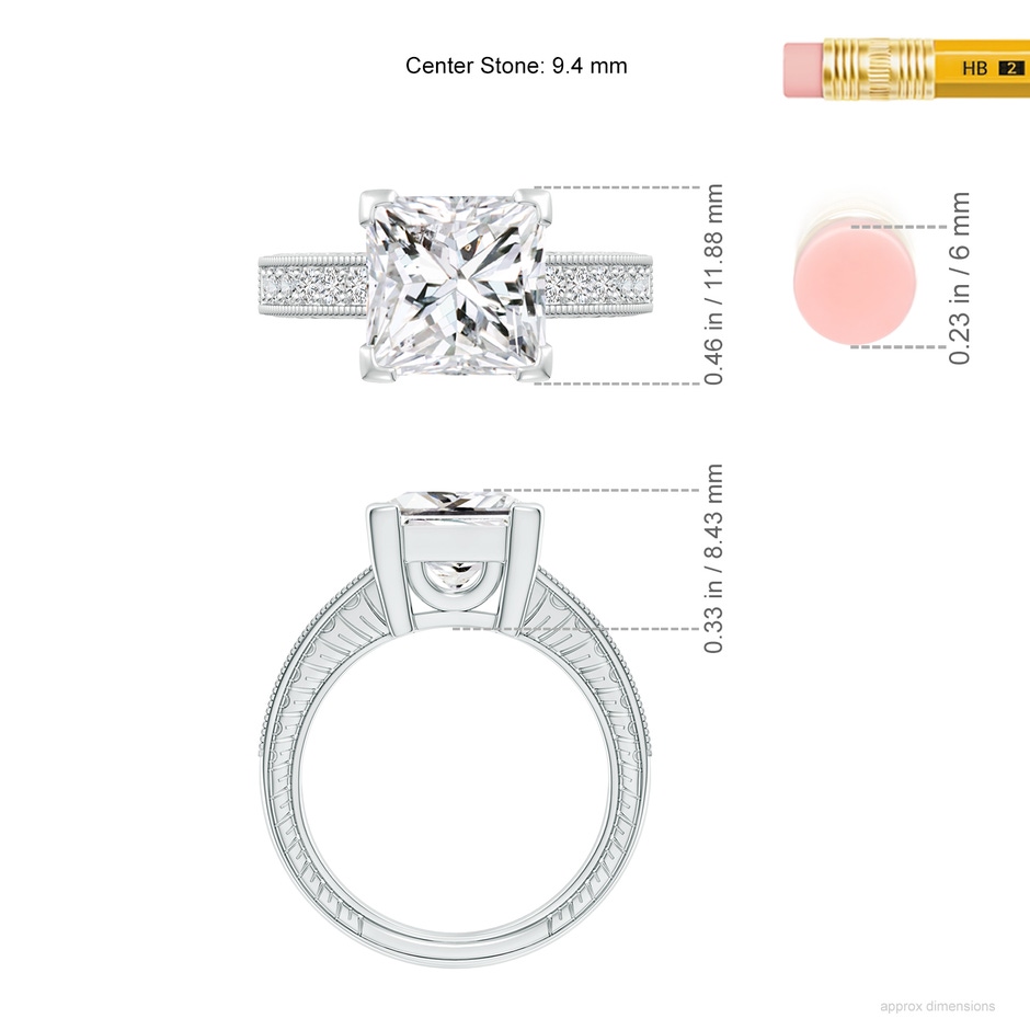 9.4mm HSI2 Princess Cut Diamond Solitaire Ring with Milgrain Detailing in P950 Platinum ruler