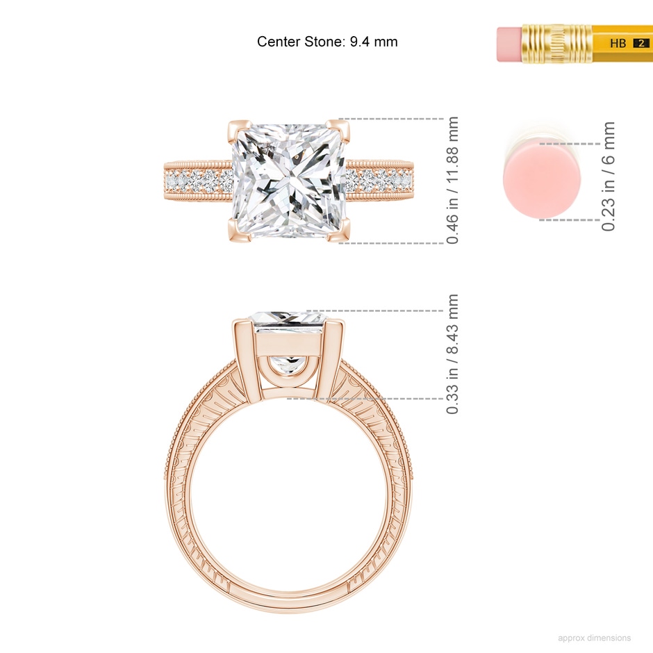 9.4mm HSI2 Princess Cut Diamond Solitaire Ring with Milgrain Detailing in Rose Gold ruler