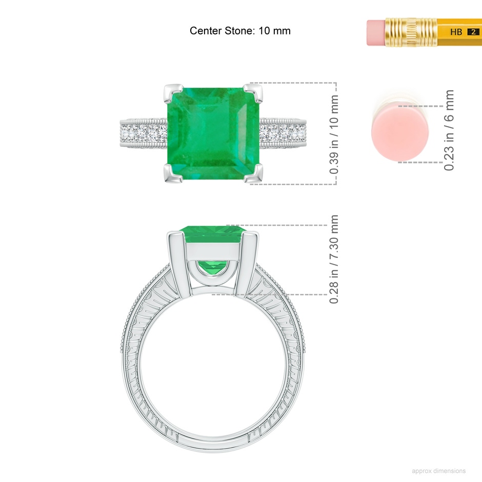 10mm A Square Cut Emerald Solitaire Ring with Milgrain Detailing in P950 Platinum ruler