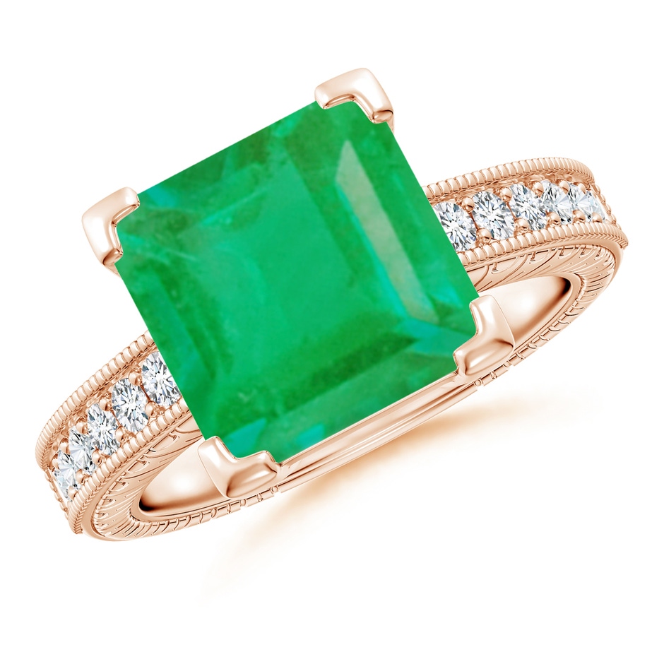 10mm A Square Cut Emerald Solitaire Ring with Milgrain Detailing in Rose Gold 