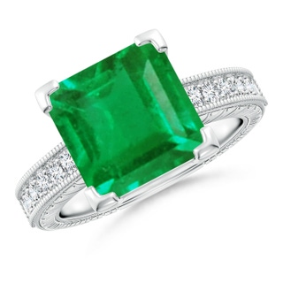 10mm AA Square Cut Emerald Solitaire Ring with Milgrain Detailing in P950 Platinum