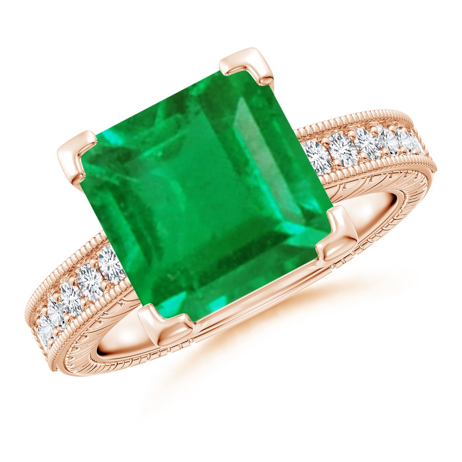 10mm AA Square Cut Emerald Solitaire Ring with Milgrain Detailing in Rose Gold 