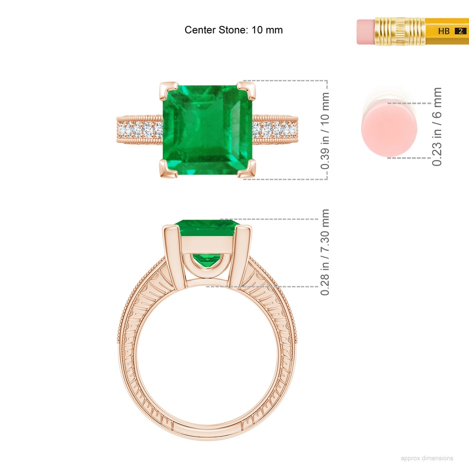 10mm AA Square Cut Emerald Solitaire Ring with Milgrain Detailing in Rose Gold ruler