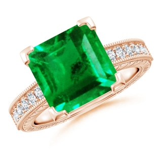 10mm AAA Square Cut Emerald Solitaire Ring with Milgrain Detailing in Rose Gold