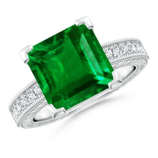 10mm AAAA Square Cut Emerald Solitaire Ring with Milgrain Detailing in P950 Platinum