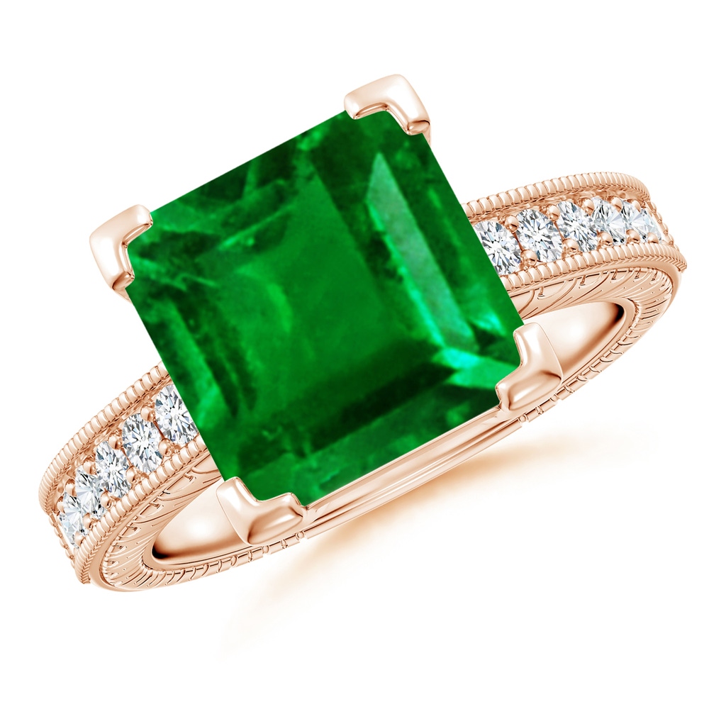 10mm AAAA Square Cut Emerald Solitaire Ring with Milgrain Detailing in Rose Gold