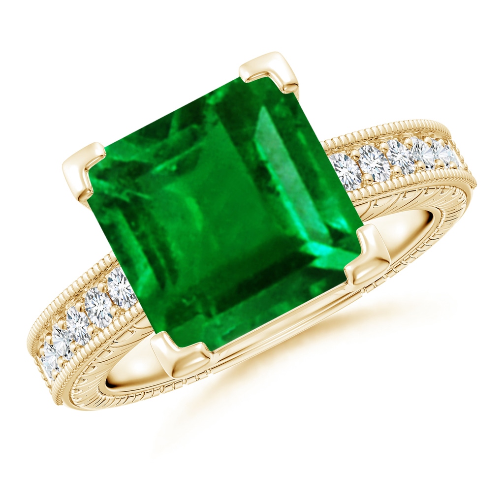 10mm AAAA Square Cut Emerald Solitaire Ring with Milgrain Detailing in Yellow Gold