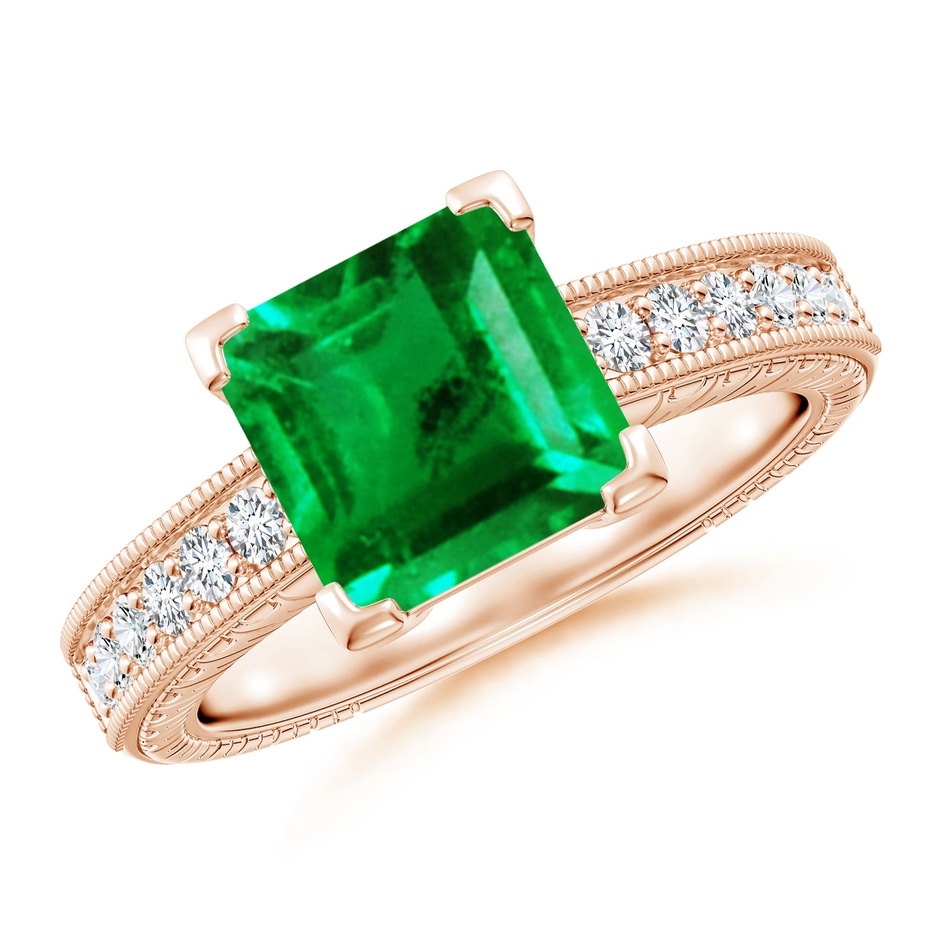 8mm AAA Square Cut Emerald Solitaire Ring with Milgrain Detailing in Rose Gold 