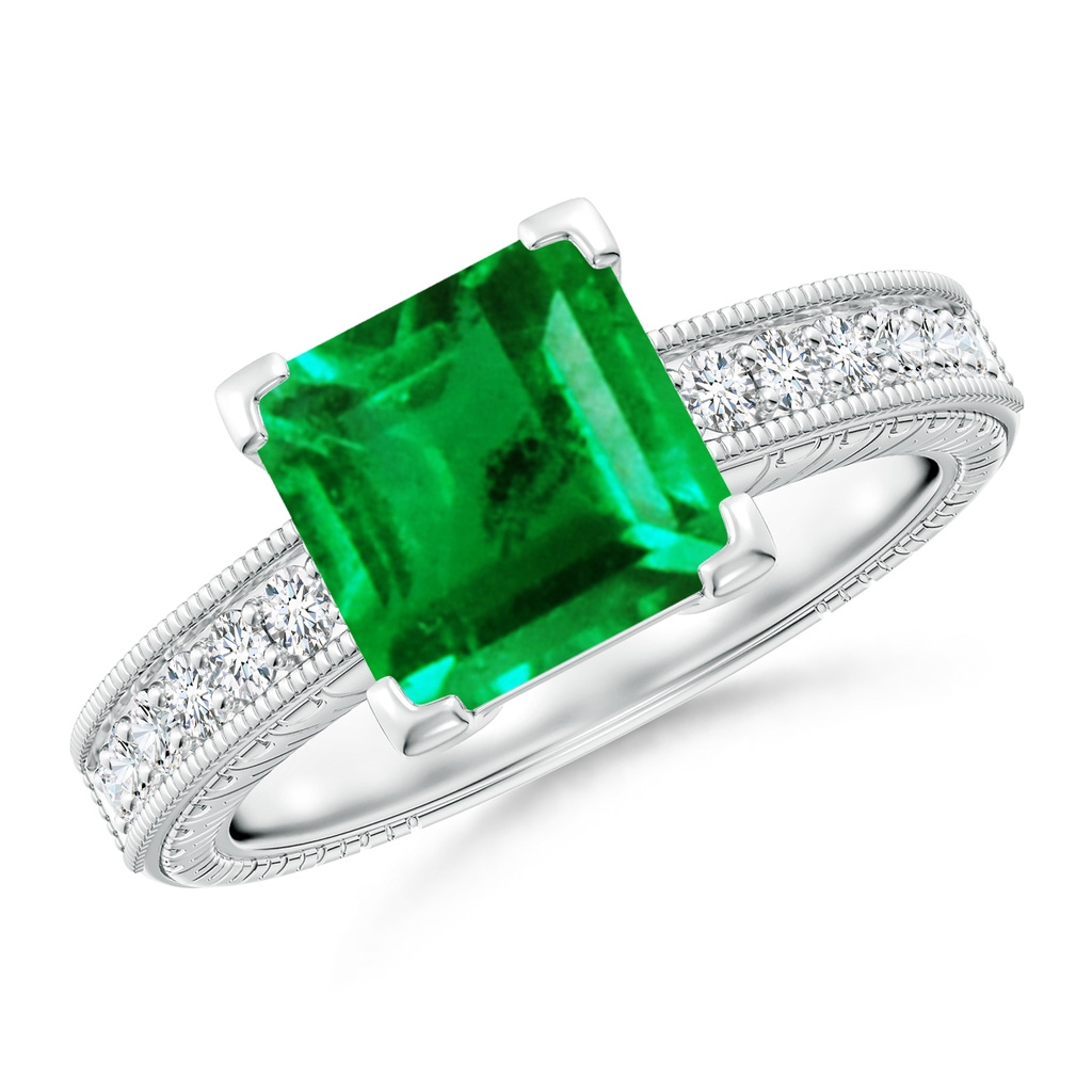 8mm AAA Square Cut Emerald Solitaire Ring with Milgrain Detailing in White Gold