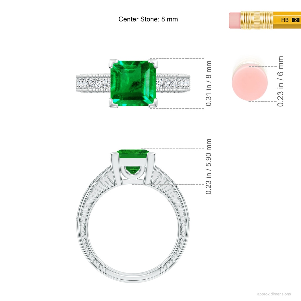 8mm AAA Square Cut Emerald Solitaire Ring with Milgrain Detailing in White Gold ruler