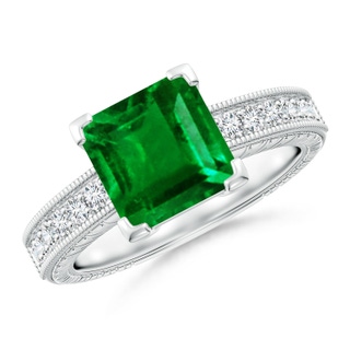 8mm AAAA Square Cut Emerald Solitaire Ring with Milgrain Detailing in P950 Platinum