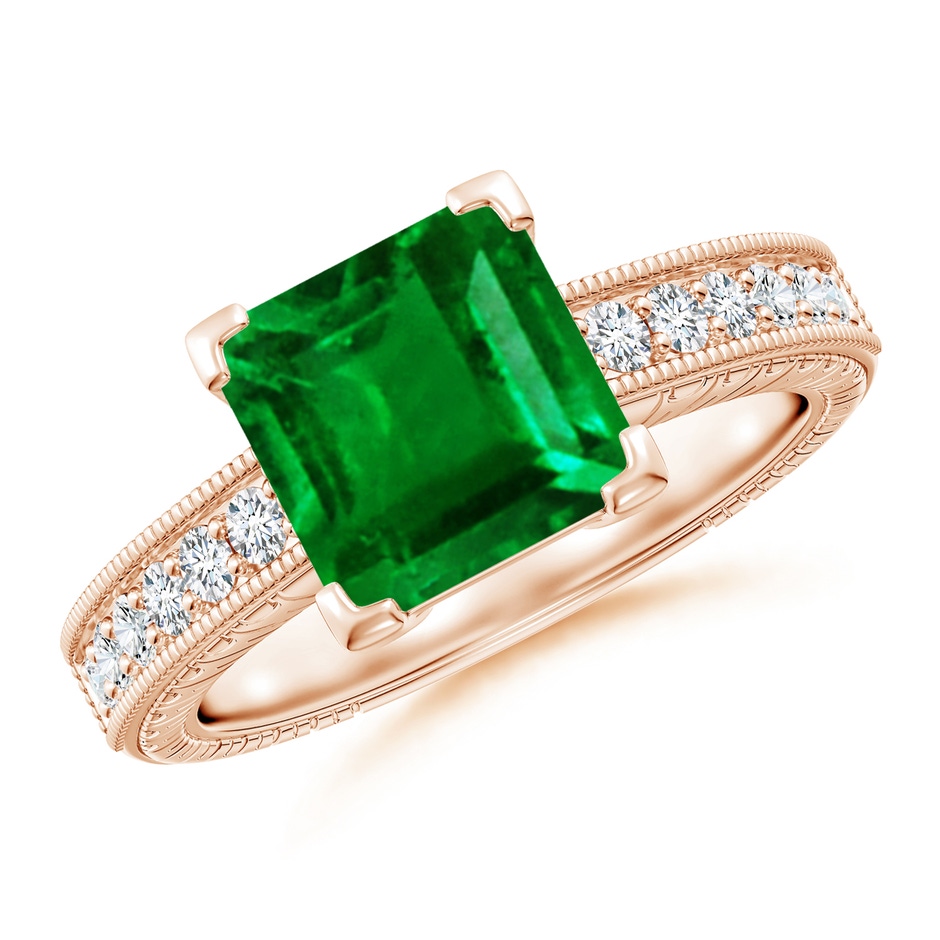 8mm AAAA Square Cut Emerald Solitaire Ring with Milgrain Detailing in Rose Gold 