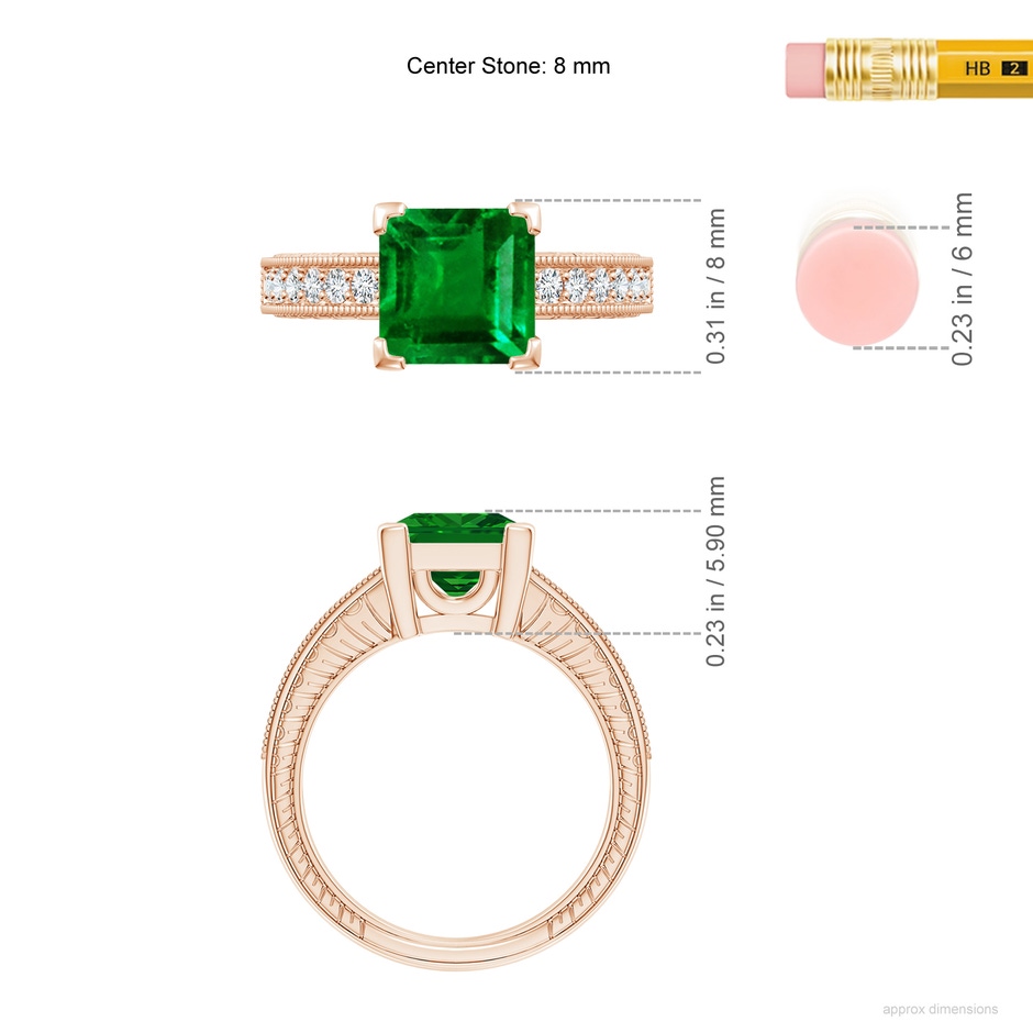 8mm AAAA Square Cut Emerald Solitaire Ring with Milgrain Detailing in Rose Gold ruler
