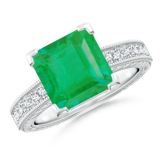 9mm A Square Cut Emerald Solitaire Ring with Milgrain Detailing in P950 Platinum