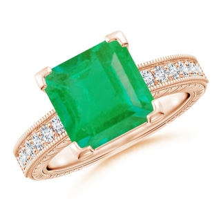 9mm A Square Cut Emerald Solitaire Ring with Milgrain Detailing in Rose Gold