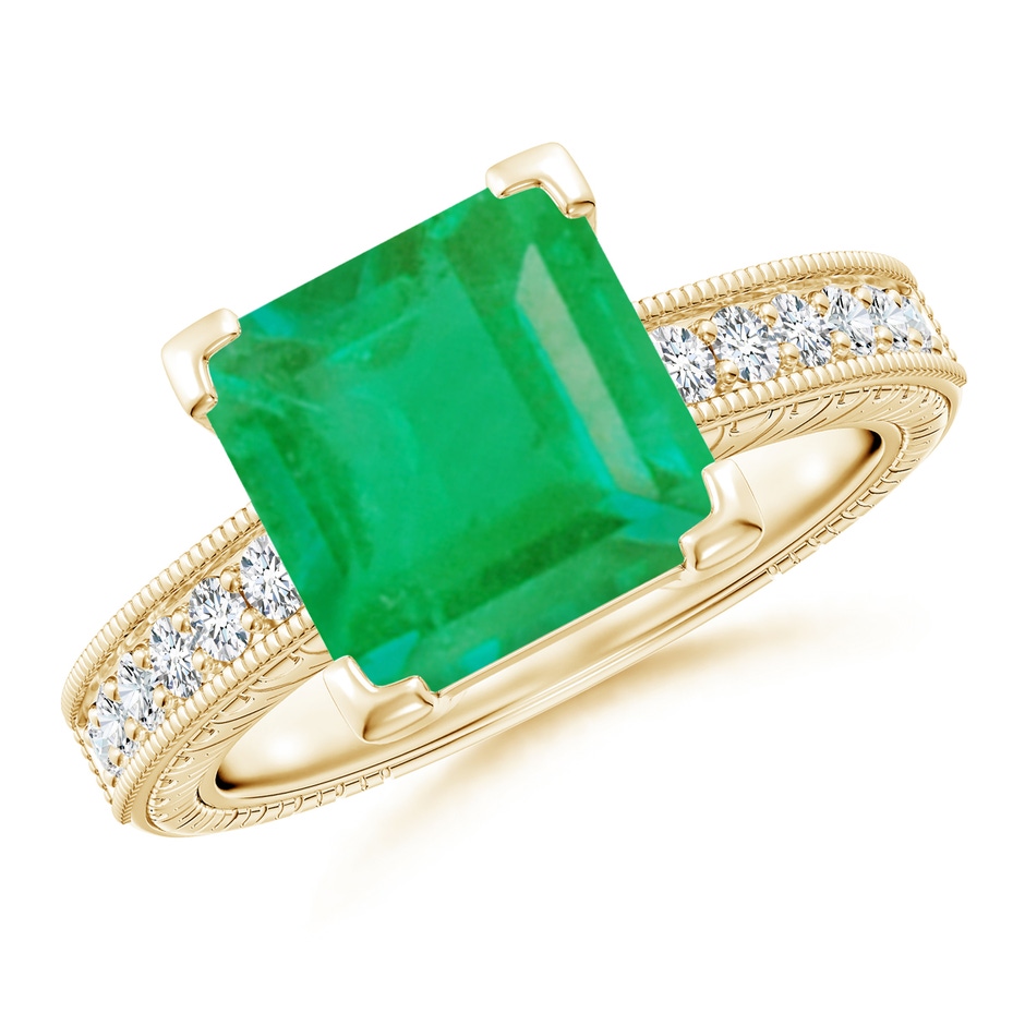 9mm A Square Cut Emerald Solitaire Ring with Milgrain Detailing in Yellow Gold 